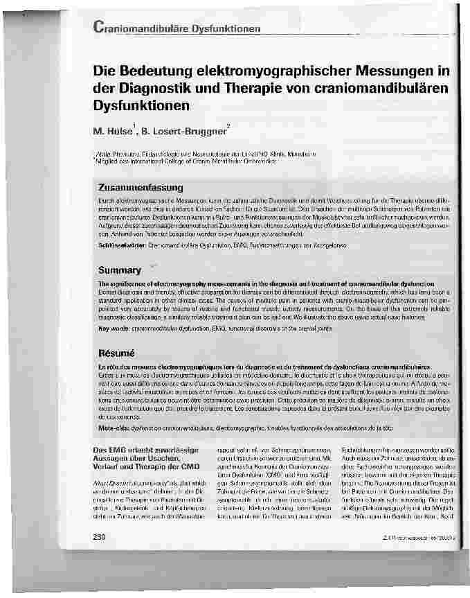 Vorschauseite 1: Die Bedeutung elektromyographischer Messungen in der Diagnostik und Therapie von craniomandibulären Dysfunktionen