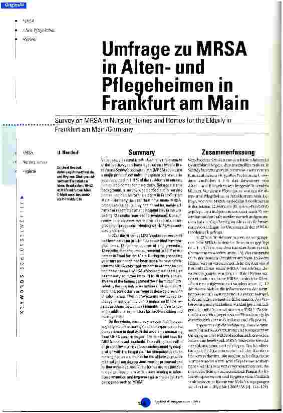 Vorschauseite 1: Umfrage zu MRSA in Alten -und Pflegeheimen in Frankfurt am Main