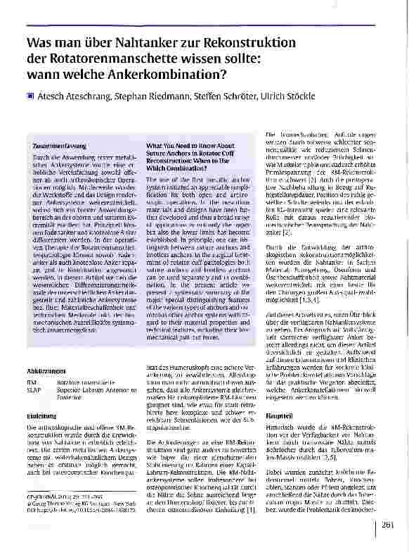 Vorschauseite 1: Was man über Nahtanker zur Rekonstruktion der Rotatorenmanschette wissen sollte: wann welche Ankerkombination?