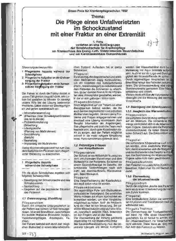 Vorschauseite 1: Braun-Preis für Krankenpflegeschulen 1982 - 1. Preis - Thema: Die Pflege eines Unfallverletzten im Schockzustand...