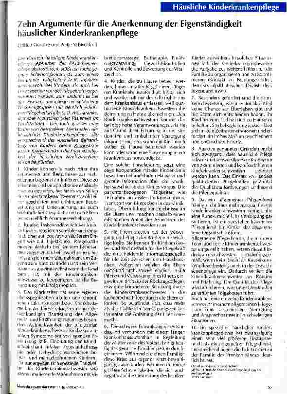 Vorschauseite 1: Zehn Argumente für die Anerkennung der Eigenständigkeit häuslicher Kinderkrankenpflege