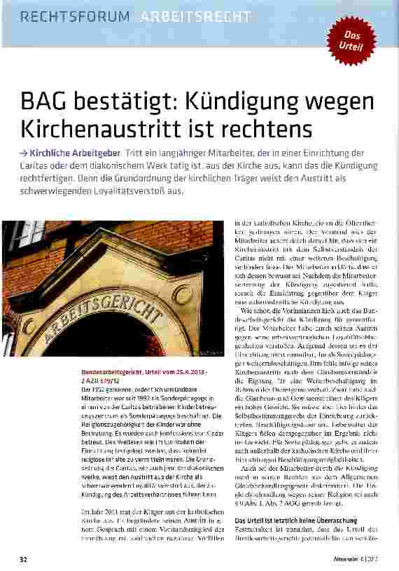 Vorschauseite 1: BAC bestätigt: Kündigung wegen Kirchenaustritt ist rechtens