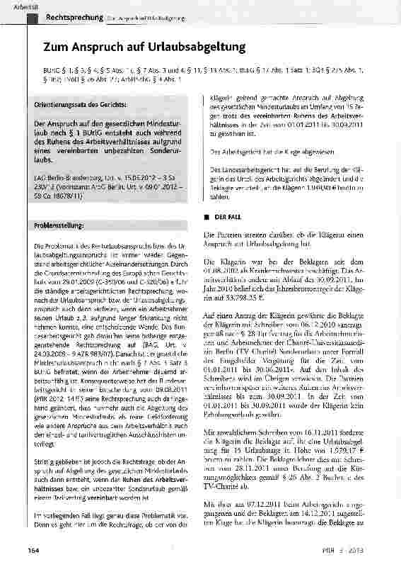 Vorschauseite 1: Zum Anspruch auf Urlaubsabgeltung
