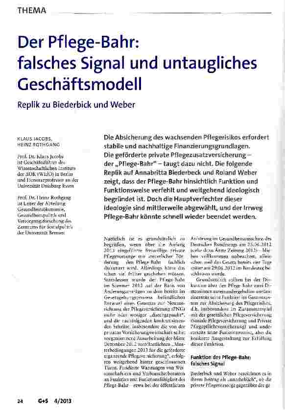Vorschauseite 1: Der Pflege-Bahr: falsches Signal und untaugliches Geschäftsmodell