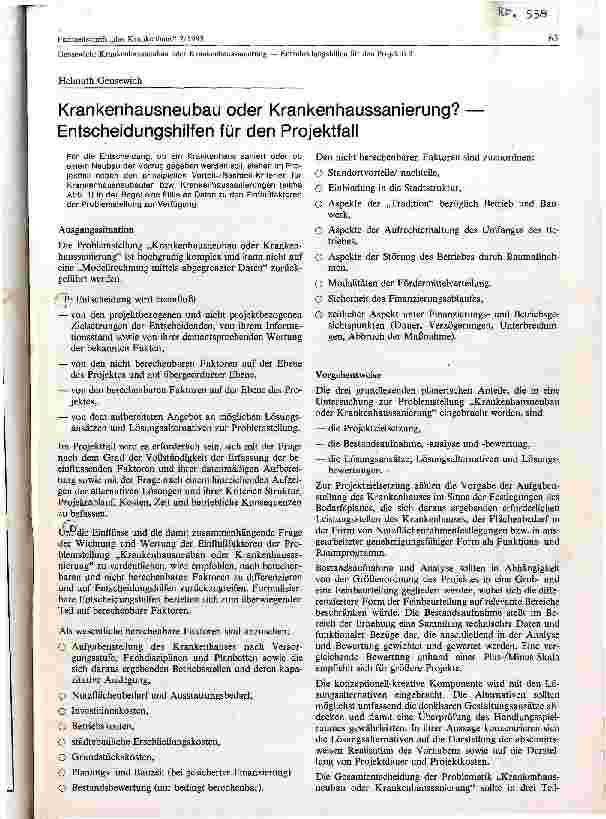 Vorschauseite 1: Krankenhausneubau oder Krankenhaussanierung ? Entscheidungshilfen für den Projektfall