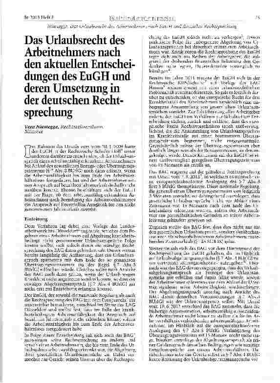 Vorschauseite 1: Das Urlaubsrecht des Arbeitnehmers nach den aktuellen Entscheidungen des EuGH und deren Umsetzung in der deutschen Rechtsprechung