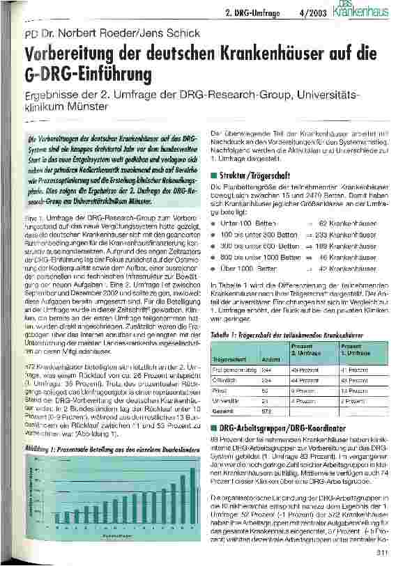 Vorschauseite 1: Vorbereitung der deutschen Krankenhäuser auf die G-DRG-Einführung Ergebnisse der 2. Umfrage der DRG-Research-Group, Universitätsklinikum Münster
