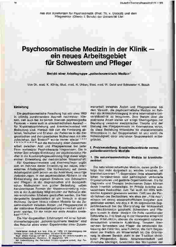 Vorschauseite 1: Psychosomatische Medizin in der Klinik ein neues Arbeitsgebiet für Schwestern - Pfleger