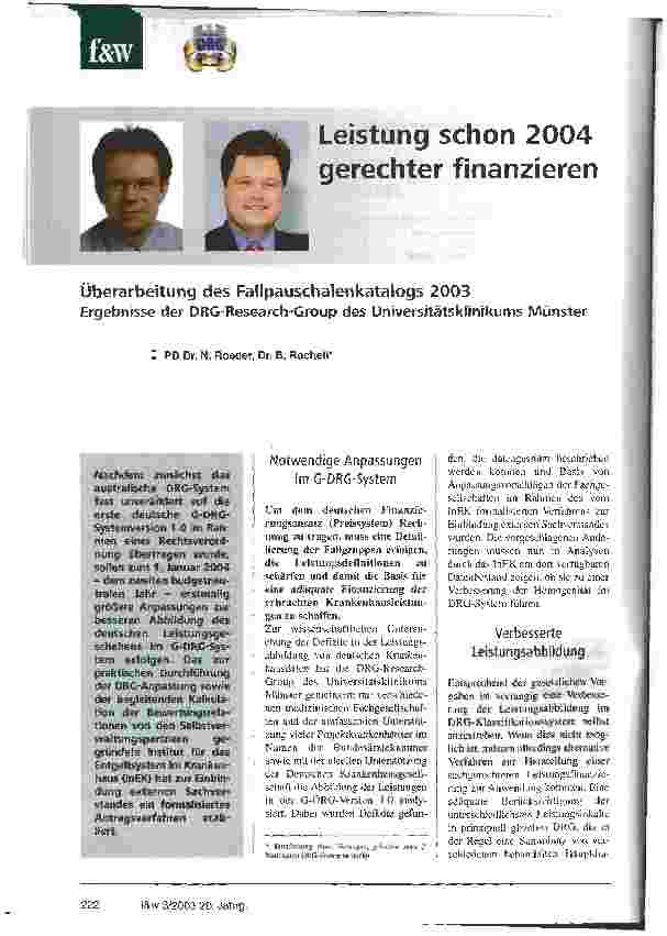 Vorschauseite 1: Leistung schon 2004 gerechter finanzieren Überarbeitung des Fallpauschalenkatalogs 2003