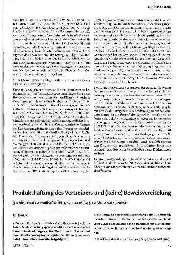 Vorschauseite 1: Produkthaftung des Vertreibers und (keine) Beweisvereitelung § 4 Abs. 1 Satz 2 ProdhaftG; §§ 3, 5, 9,14 MPG; § 12 Abs. 2 Satz 3 MPSV