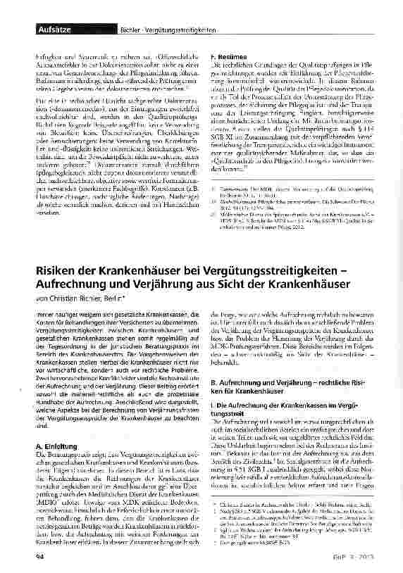 Vorschauseite 1: Risiken der Krankenhäuser bei Vergütungsstreitigkeiten -Aufrechnung und Verjährung aus Sicht der Krankenhäuser