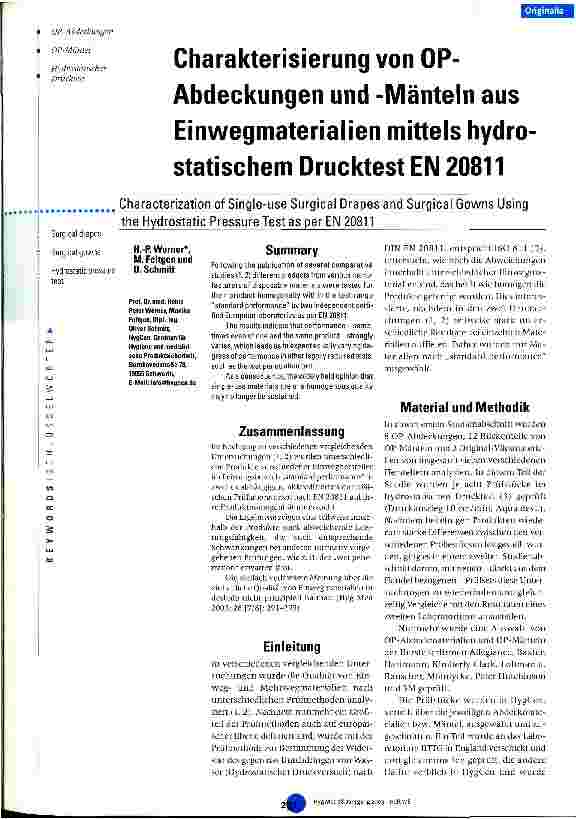 Vorschauseite 1: Charakterisierung von OP-Abdeckungen und -Mänteln aus Einwegmaterialien mittels hydrostatischem Drucktest EN 20811