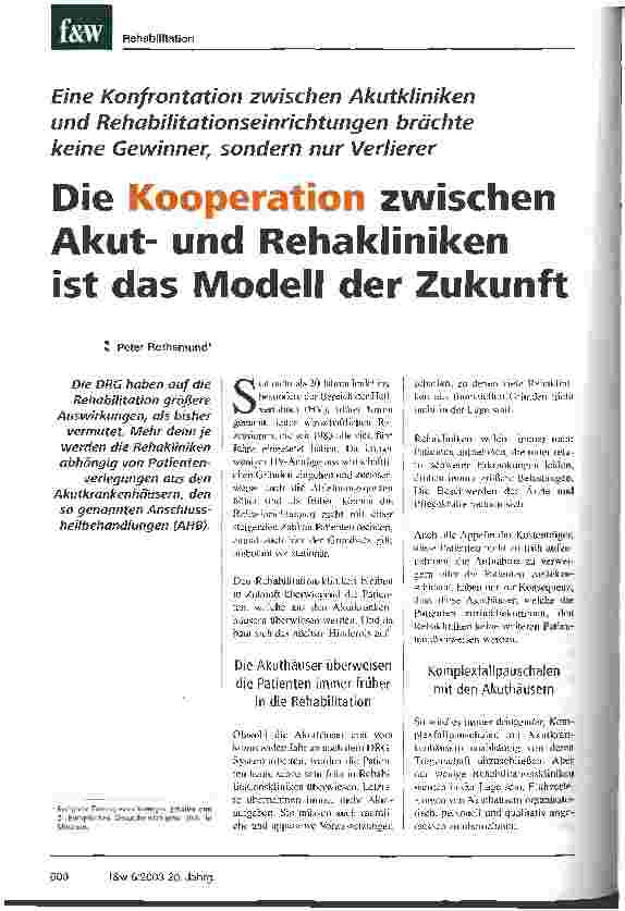 Vorschauseite 1: Die Kooperation zwischen Akutund Rehakliniken ist das Modell der Zukunft