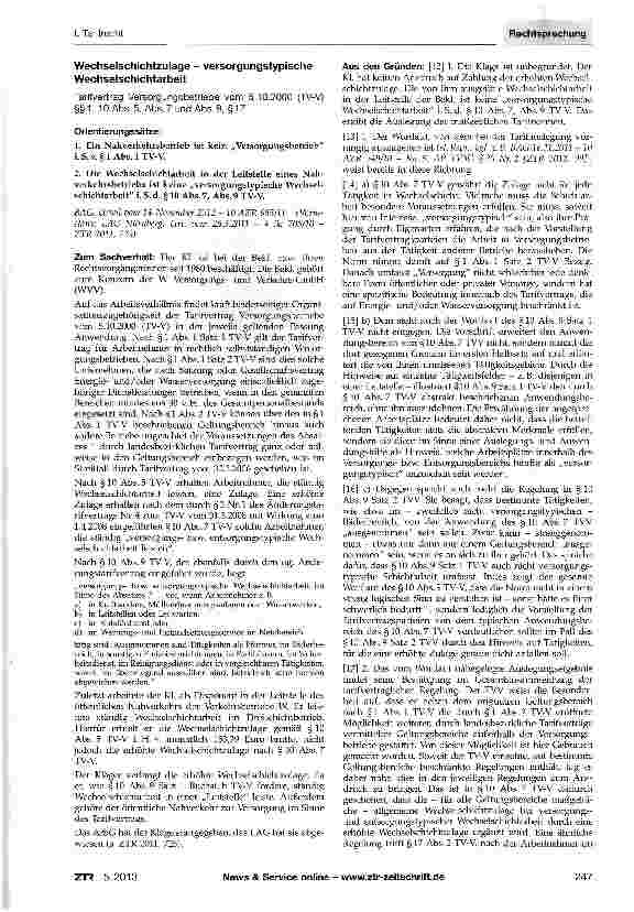 Vorschauseite 1: Wechselschichtzulage - versorgungstypische Wechselschichtarbeit Tarifvertrag Versorgungsbetriebe vom 5. 10. 2000 (TV-V) §§1, 10 Abs. 5, Abs. 7 und Abs. 9, § 17
