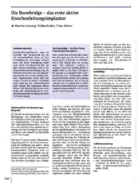 Vorschauseite 1: Die Bonebridge - das erste aktive Knochenleitungsimplantat