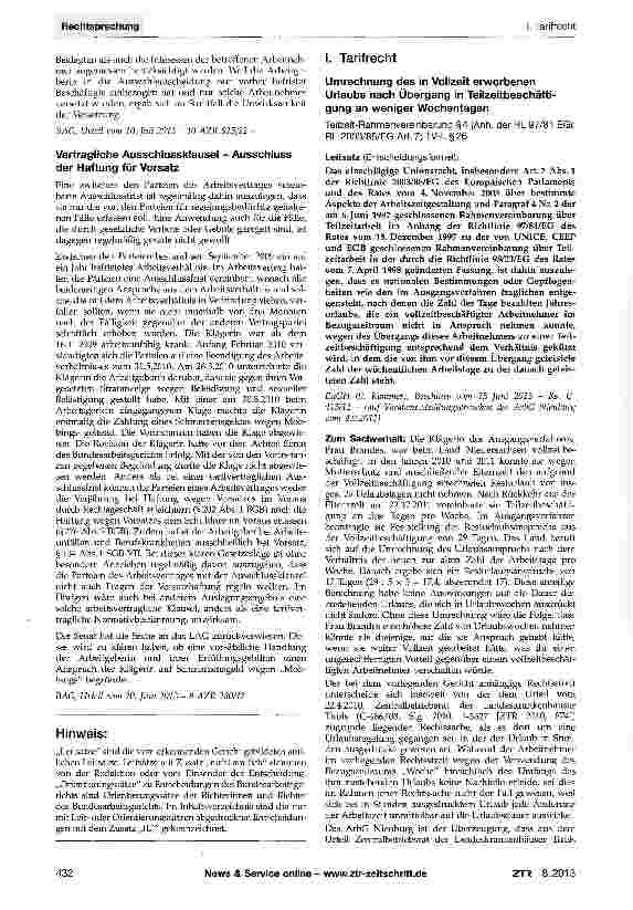 Vorschauseite 1: Umrechnung des in Vollzeit erworbenen Urlaubs nach Übergang in Teilzeitbeschäftigung an weniger Wochentagen Teilzeit-Rahmenvereinbarung §4 {Anh. der RL 97/81 EG); RL 2003/88/EG Ar…
