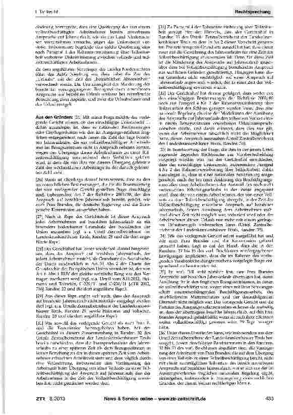 Vorschauseite 2: Umrechnung des in Vollzeit erworbenen Urlaubs nach Übergang in Teilzeitbeschäftigung an weniger Wochentagen Teilzeit-Rahmenvereinbarung §4 {Anh. der RL 97/81 EG); RL 2003/88/EG Ar…