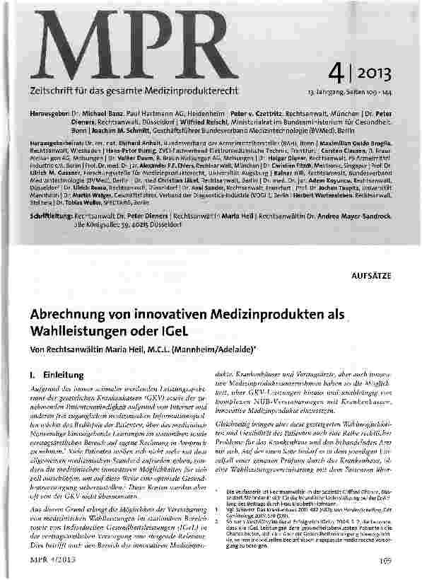 Vorschauseite 1: Abrechnung von innovativen Medizinprodukten als Wahlleistungen oder IGeL