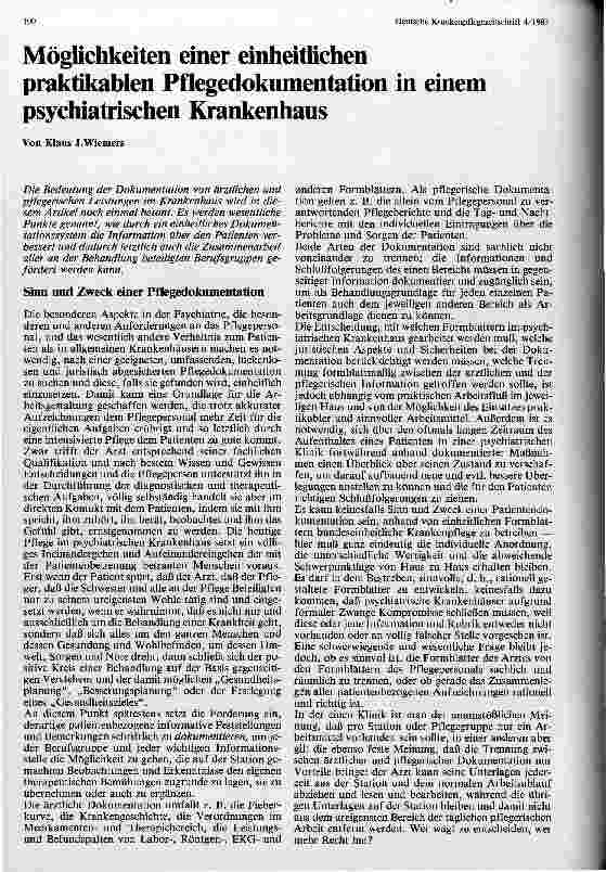 Vorschauseite 1: Möglichkeiten einer einheitlichen praktikablen Pflegedokumentation in einem psychiatrischen Krankenhaus