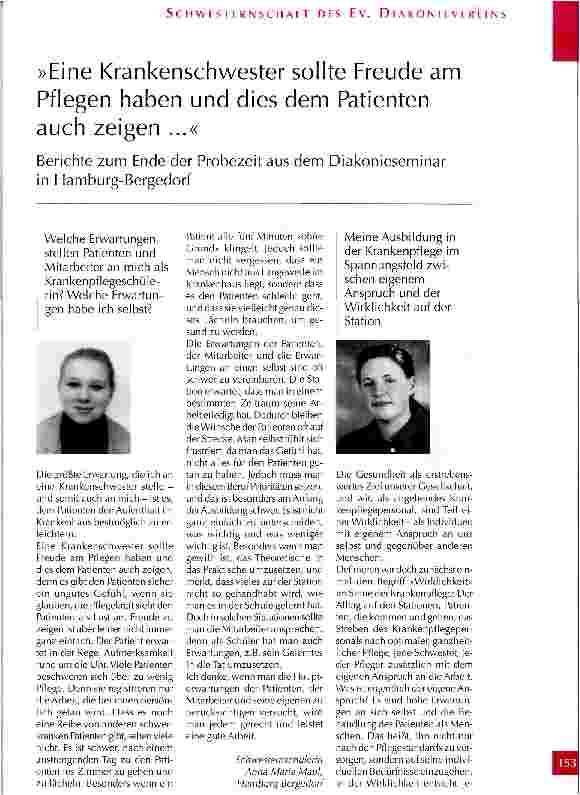 Vorschauseite 1: Die Krankenschwester sollte Freude am Pflegen haben und dies dem Patienten auch zeigen. .. Berichte zum Ende der Probezeit aus dem Diakonieseminar in Hamburg-Bergedorf