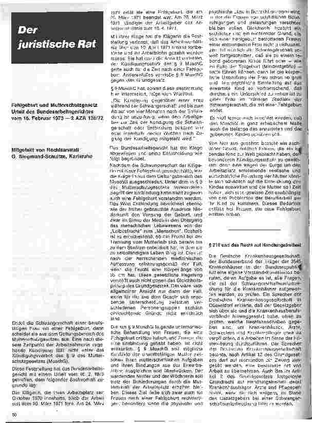 Vorschauseite 1: Fehlgeburt und Mutterschutz Urteil des Bundesarbeitsgerichtes vom 16.2.1973