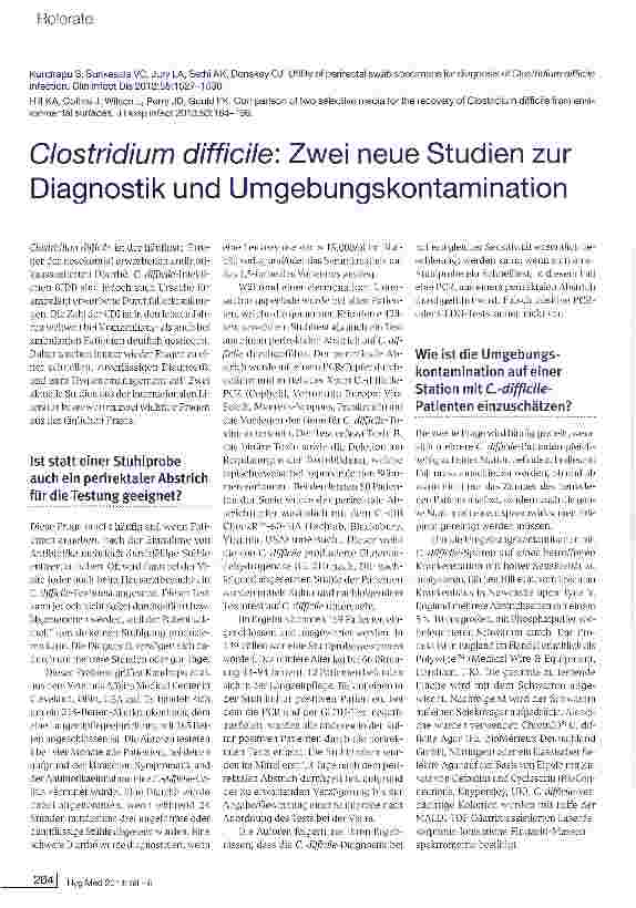 Vorschauseite 1: Clostridium difficile: Zwei neue Studien zur Diagnostik und Umgebungskontamination