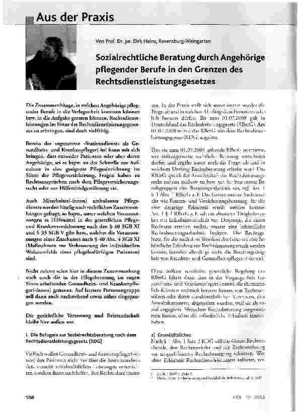 Vorschauseite 1: Sozialrechtliche Beratung durch Angehörige pflegender Berufe in den Grenzen des Rechtsdienstleistungsgesetzes