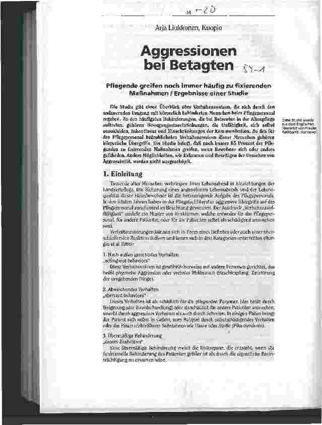 Vorschauseite 1: Aggressionen bei Betagten Pflegende greifen noch immer häufig zu fixierenden Maßnahmen/Studie