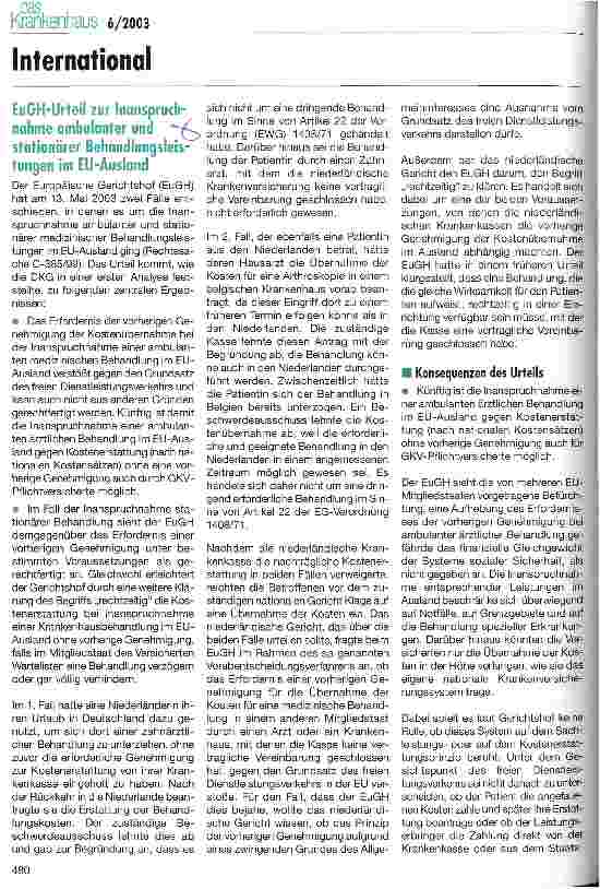 Vorschauseite 1: EuGH-Urteil zur Inanspruchnahme ambulanter und stationärer Behandlungsleistungen im EU-Ausland