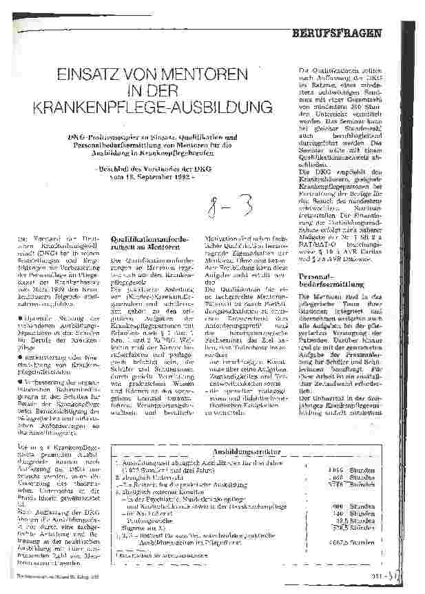 Vorschauseite 1: Einsatz von Mentoren in der Krankenpflege-Ausbildung DKG-Positionspapier v. 18.09.92