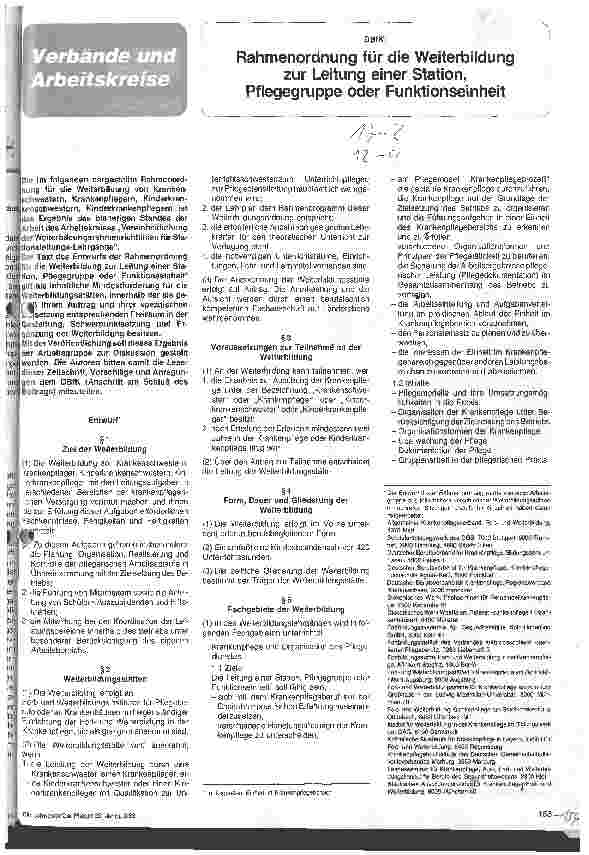 Vorschauseite 1: Rahmenordnung für die Weiterbildung zur Leitung einer Station, Pflegegruppe oder Funktionseinheit