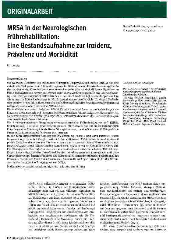Vorschauseite 1: MRSA in der Neurologischen Frührehabilitation: Eine Bestandsaufnahme zur Inzidenz,Prävalenz und Morbidität