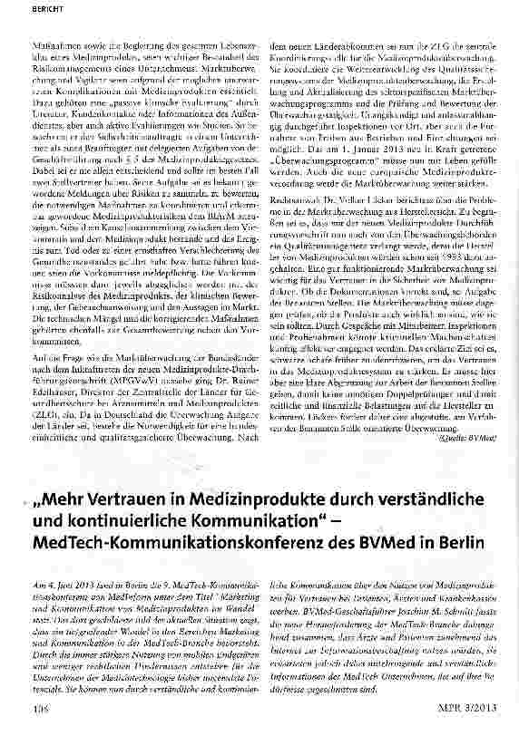 Vorschauseite 1: „Mehr Vertrauen in Medizinprodukte durch verständliche und kontinuierliche Kommunikation -MedTech-Kommunikationskonferenz des BVMed in Berlin