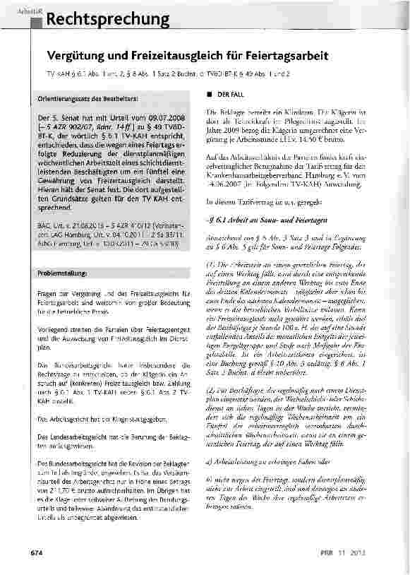Vorschauseite 1: Vergütung und Freizeitausgleich für Feiertagsarbeit TV-KAH § 6.1 Abs. 1 und 2, § 8 Abs. 1 Satz 2 Buchst, d; TVöD-BT-K § 49 Abs. 1 und 2