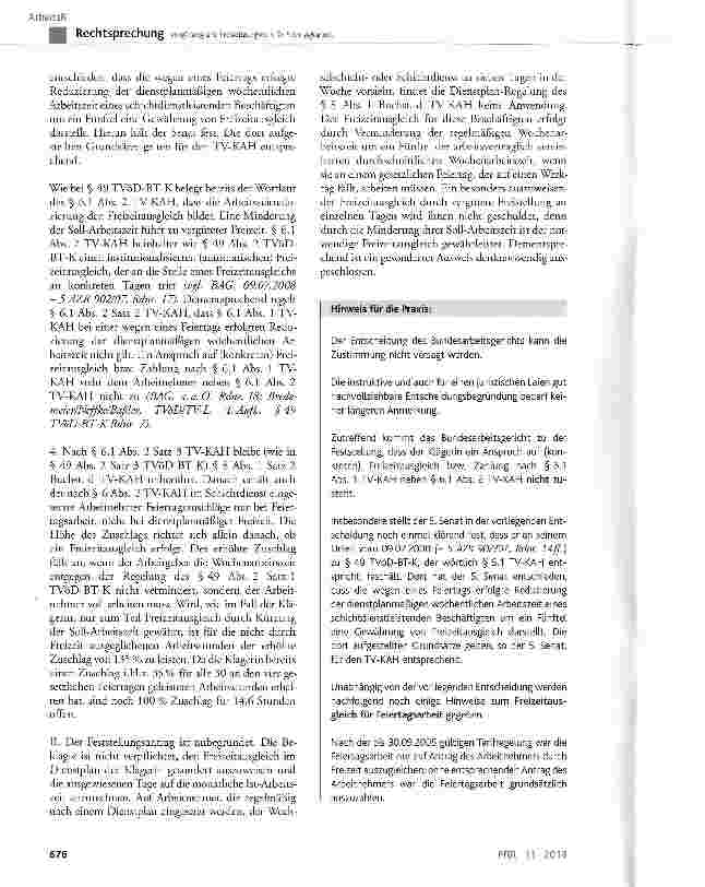 Vorschauseite 3: Vergütung und Freizeitausgleich für Feiertagsarbeit TV-KAH § 6.1 Abs. 1 und 2, § 8 Abs. 1 Satz 2 Buchst, d; TVöD-BT-K § 49 Abs. 1 und 2