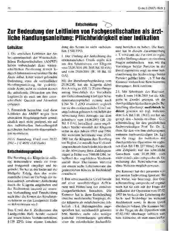 Vorschauseite 1: Zur Bedeutung der Leitlinien von Fachgesellschaften als ärztliche Handlungsanleitung: Pflichtwidrigkeit einer Indikation Entscheidung