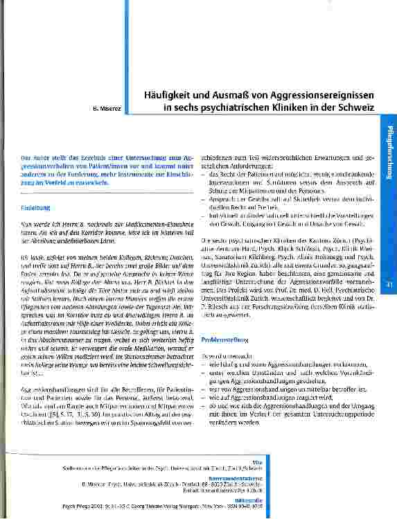 Vorschauseite 1: Häufigkeit und Ausmaß von Aggressionsereignissen in sechs psychiatrischen Kliniken in der Schweiz