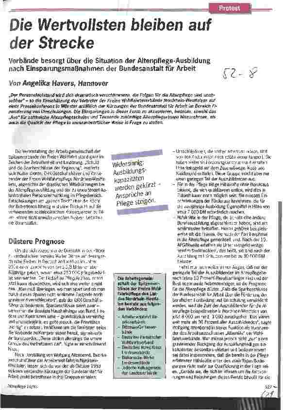 Vorschauseite 1: Die wertvollsten bleiben auf der Strecke Verbände besorgt über die Situation der AltenPflAusbildung nach Einsparungsmaßnahmen der BuAnst.