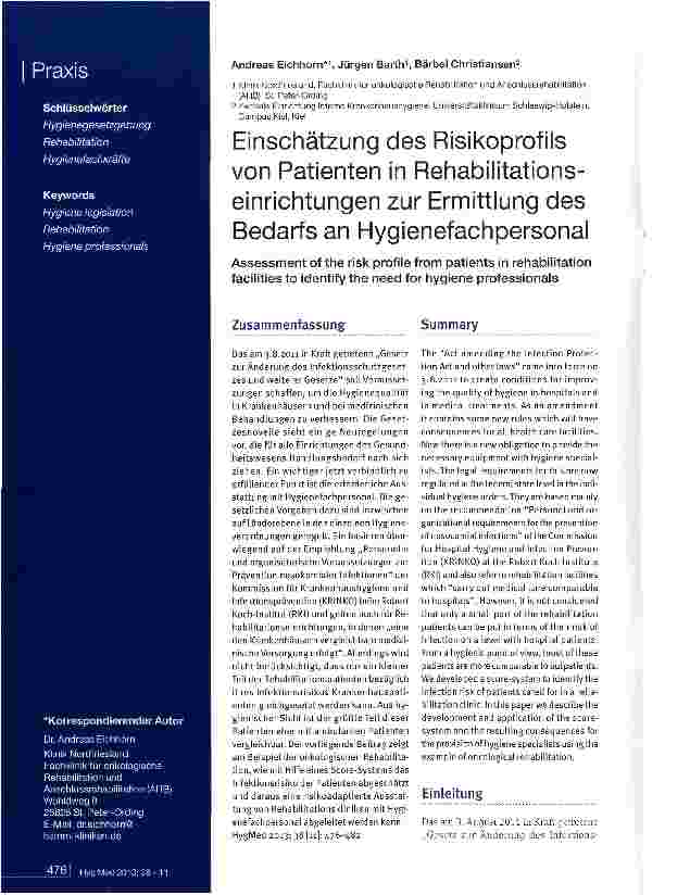 Vorschauseite 1: Einschätzung des Risikoprofils von Patienten in Rehabilitationseinrichtungen zur Ermittlung des Bedarfs an Hygienefachpersonal