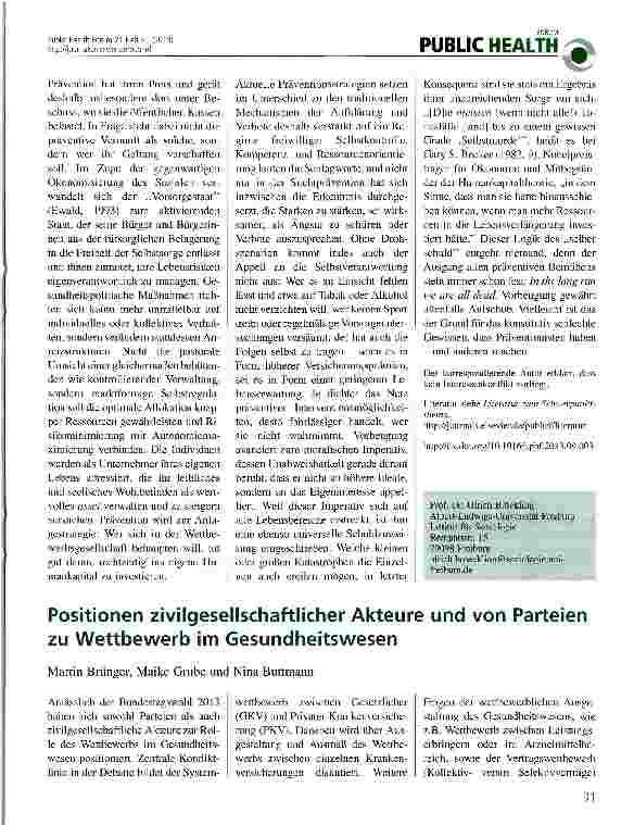 Vorschauseite 1: Positionen zivilgesellschaftlicher Akteure und von Parteien zu Wettbewerb im Gesundheitswesen