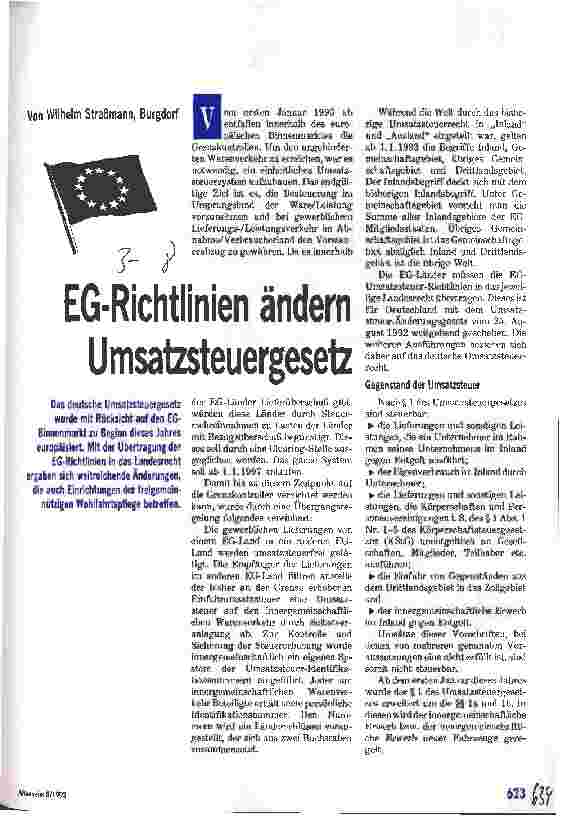 Vorschauseite 1: EG-Richtlinien ändern Umsatzsteuergesetz Änderungen, die die freigemeinnützige Wohlfahrtspflege betreffen