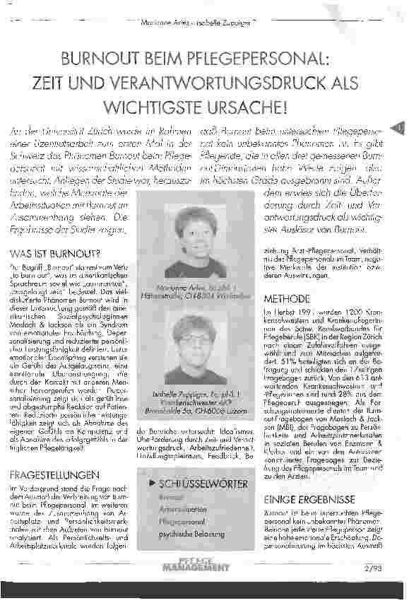 Vorschauseite 1: Burnout beim Plfegepersonal: Zeit und Verantwortgung als wichtigste Ursache!