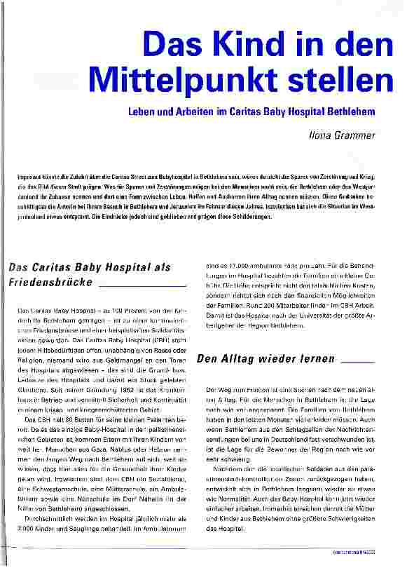 Vorschauseite 1: Das Kind in den Mittelpunkt stellen Leben und Arbeiten im Caritas Baby Hospital Bethlehem