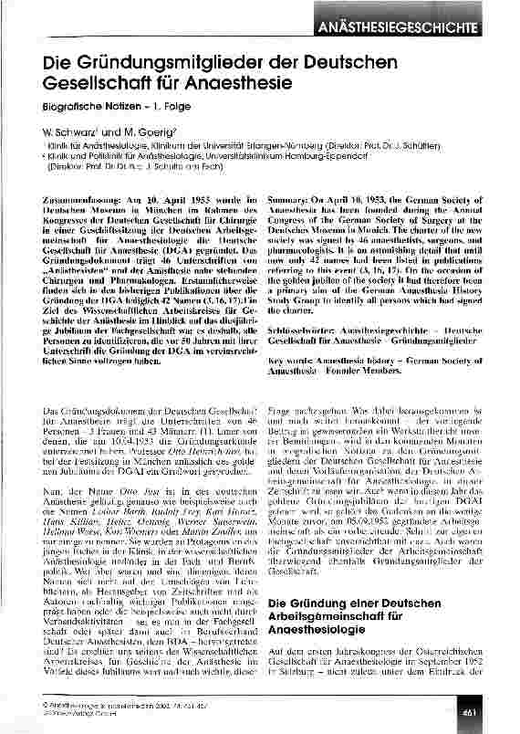 Vorschauseite 1: Die Gründungsmitglieder der Deutschen Gesellschaft für Anaesthesie Biografische Notizen - 1. Folge