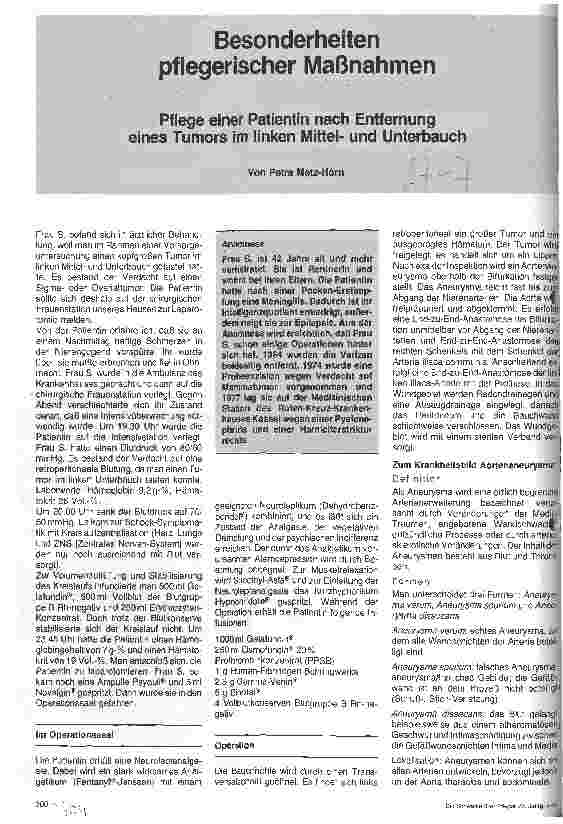Vorschauseite 1: Besonderheiten pflegerischer Maßnahmen // Pflege einer Patientin nach Entfernung eines Tumors im linken Mittel-und Unterbauch