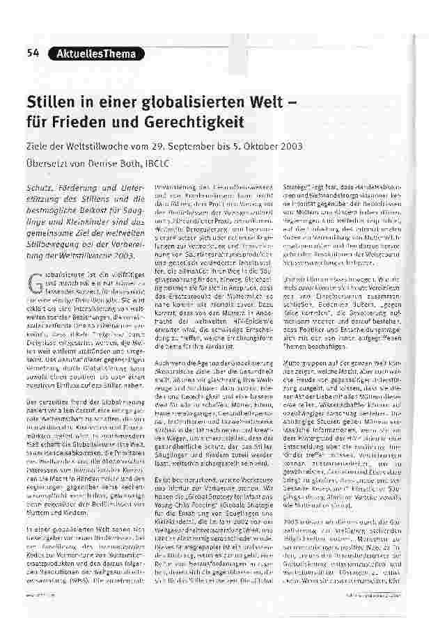 Vorschauseite 1: Stillen in einer globalisierten Welt -für Frieden und GerechtigkeitZiele der Weltstillwoche vom 29. September bis 5. Oktober 2003 (Übersetzung)
