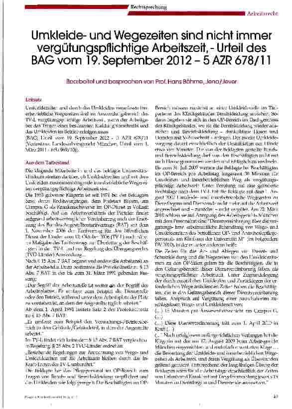 Vorschauseite 1: Umkleideund Wegezeiten sind nicht immer Vergütungspflichtige Arbeitszeit, - Urteil desBAG vom 19. September 2012 - 5 AZR 678/11