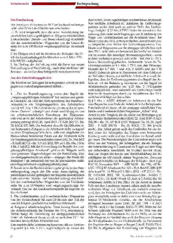 Vorschauseite 2: Umkleideund Wegezeiten sind nicht immer Vergütungspflichtige Arbeitszeit, - Urteil desBAG vom 19. September 2012 - 5 AZR 678/11