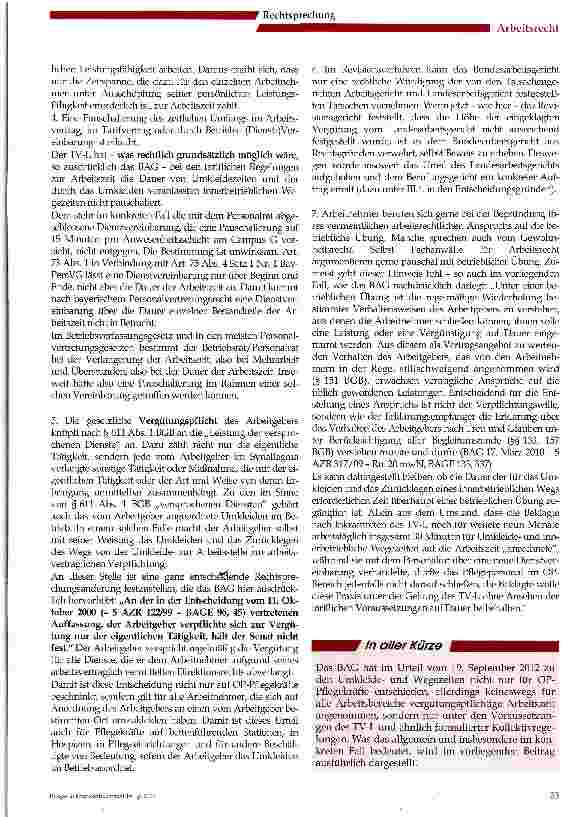 Vorschauseite 5: Umkleideund Wegezeiten sind nicht immer Vergütungspflichtige Arbeitszeit, - Urteil desBAG vom 19. September 2012 - 5 AZR 678/11