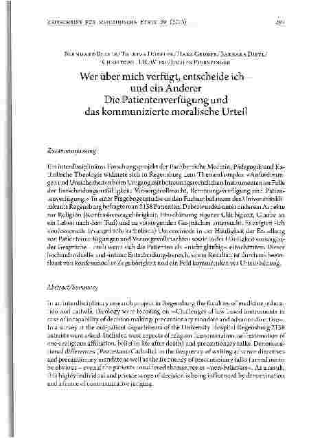 Vorschauseite 1: Wer über mich verfügt, entscheide ich - und ein Anderer Die Patientenverfügung und das kommunizierte moralische Urteil